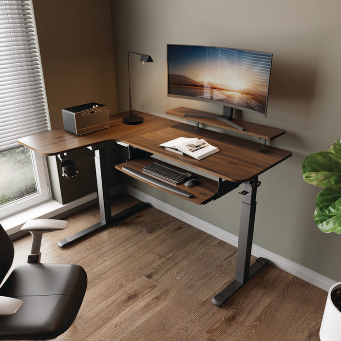 L-Shaped Standing Desk with Keyboard Tray, Left Desk, 61.25" x 43.25" x 34.38" to 52.88", Walnut/Black