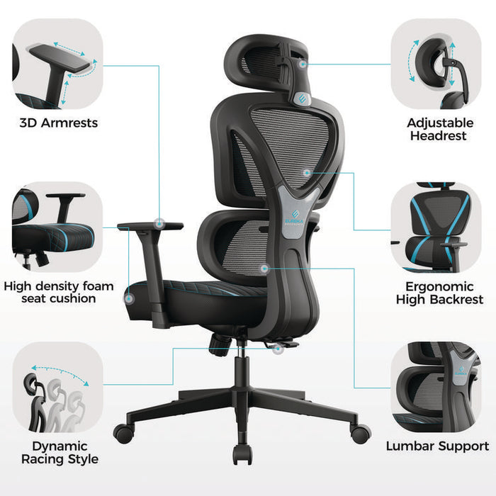Norn Ergonomic Chair, Supports Up to 275 lb, 18.11" to 22.04" Seat Height, Black/Blue Mesh Seat/Back, Black Base