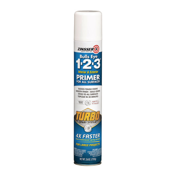 Bulls Eye 1-2-3 Primer Spray, Turbo Spray System, Interior/Exterior, Flat Bright White, 26 oz Aerosol Can, 6/Carton