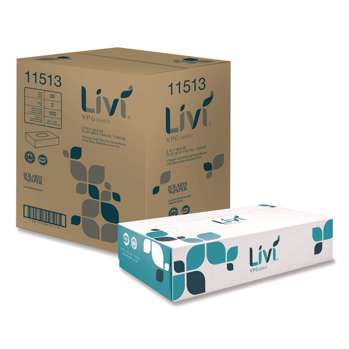 Flat Box Facial Tissue, 2-Ply, White, 100 Sheets/Box, 30 Boxes/Carton