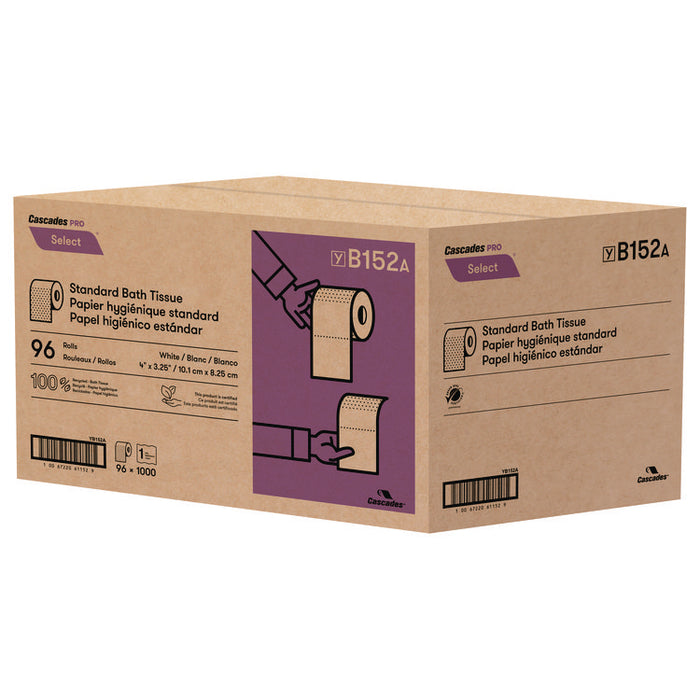 Select Standard Bath Tissue, Septic Safe, 1-Ply, White, 1,000 Sheets/Roll, 96 Rolls/Carton