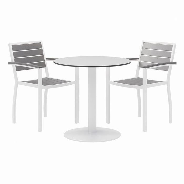 Eveleen Outdoor Patio Table with Two Gray Powder-Coated Polymer Chairs, 30" Dia x 29h, Designer White