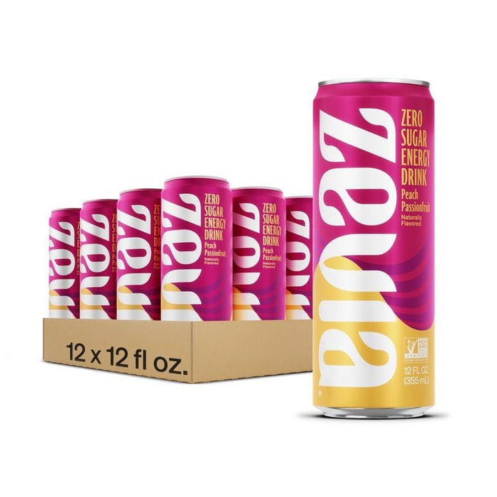 Zero Sugar Naturally Sweetened Energy Drink, Peach Passionfruit, 12 oz Cans, 12/Carton