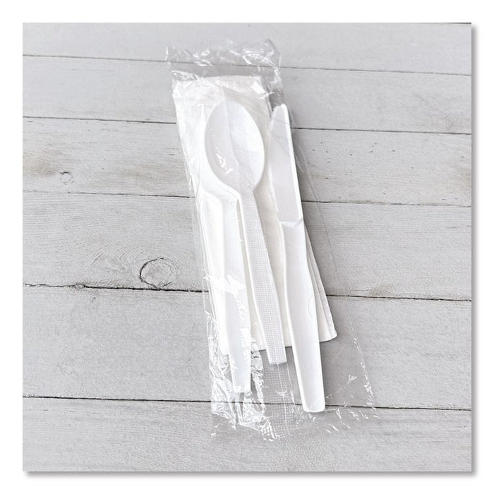 Four-Piece Polystyrene Cutlery Kit, Mediumweight, Fork/Knife/Napkin/Spoon, Plastic, White, 250/Carton