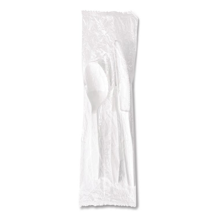 Three-Piece Polystyrene Cutlery Kit, Heavyweight, Fork/Knife/Spoon, Plastic, White, 250/Carton