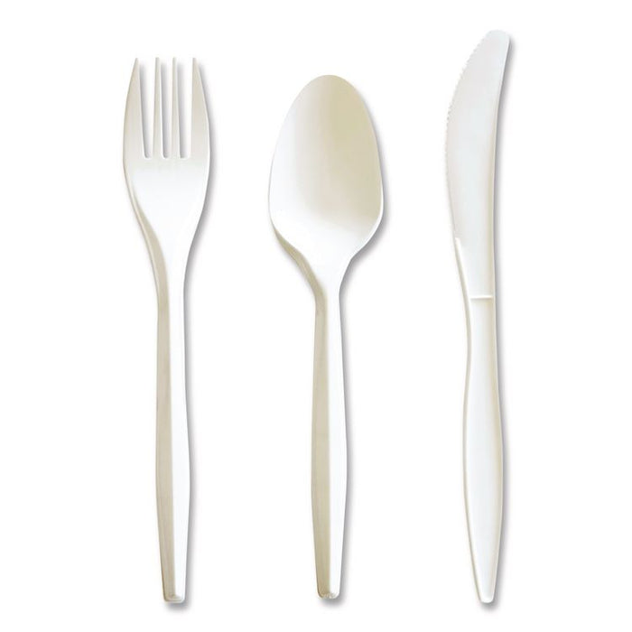 Three-Piece Cutlery Kit, Mediumweight, Fork/Knife/Spoon, 6.97", Plastic, White, 250/Carton