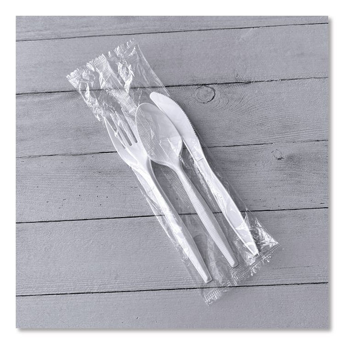 Three-Piece Cutlery Kit, Mediumweight, Fork/Knife/Spoon, 6.97", Plastic, White, 250/Carton