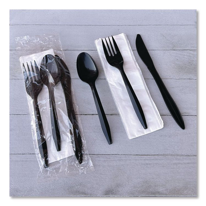 Four-Piece Cutlery Kit, Mediumweight, Fork/Knife/Napkin/Spoon, Plastic, 6.38", Black, 250/Carton