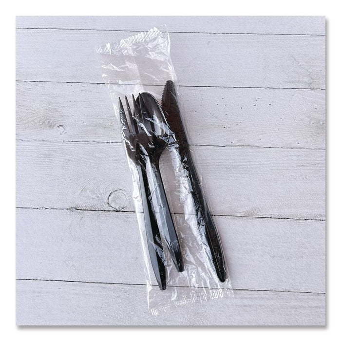 Three-Piece Polypropylene Cutlery Kit, Mediumweight, Fork/Knife/Spoon, Plastic, Black, 250/Carton