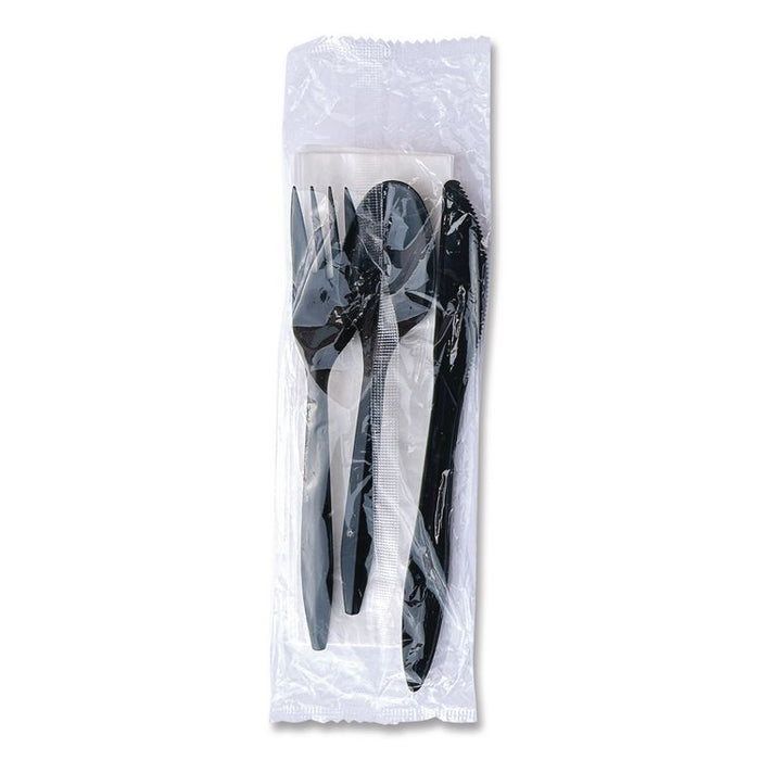 Four-Piece Cutlery Kit, Mediumweight, Fork/Knife/Napkin/Spoon, Plastic, 6.38", Black, 250/Carton