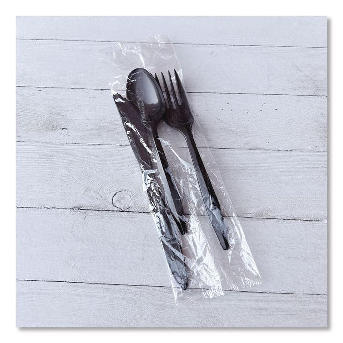 Three-Piece Polystyrene Cutlery Kit, Mediumweight, Fork/Knife/Spoon, Plastic, Black, 250/Carton