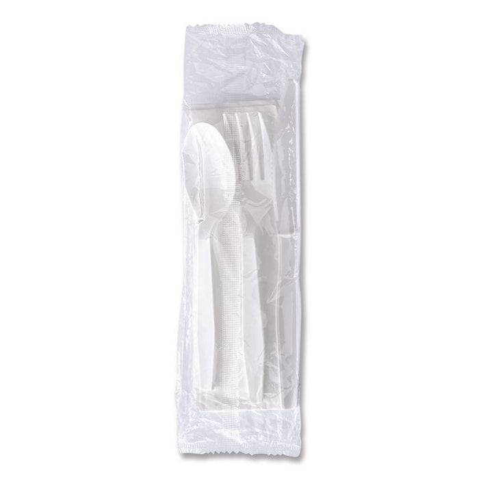 Four-Piece Polystyrene Cutlery Kit, Mediumweight, Fork/Knife/Napkin/Spoon, Plastic, White, 250/Carton