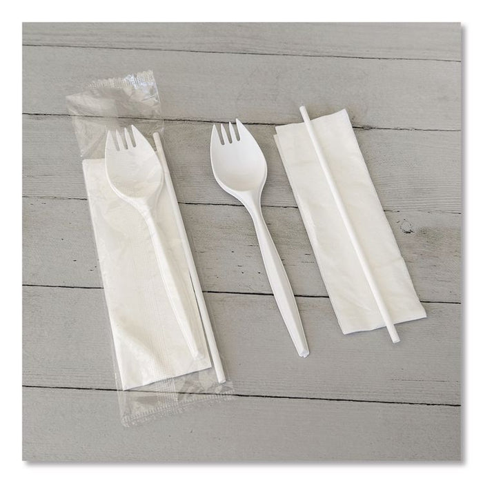 School Cutlery Kit, Mediumweight, Napkin/Spork/Straw, 5.31", Plastic, White, 1,000/Carton