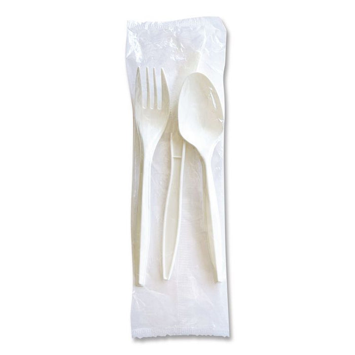 Three-Piece Cutlery Kit, Mediumweight, Fork/Knife/Spoon, 6.97", Plastic, White, 250/Carton