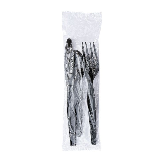 Three-Piece Polystyrene Cutlery Kit, Heavyweight, Fork/Knife/Spoon, Plastic, Black, 250/Carton